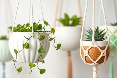 Variety of stylish hanging plant pots and hangers.