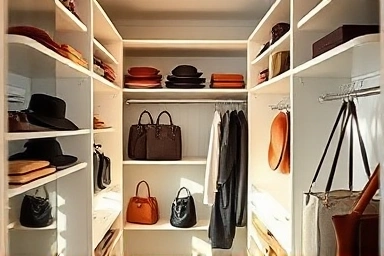 Organized closet with hats and handbags.