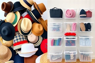 Chaotic vs. organized hat and bag storage.