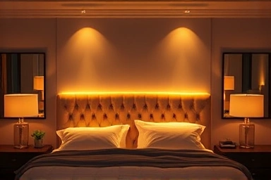 Cozy bedroom with warm indirect LED headboard lighting