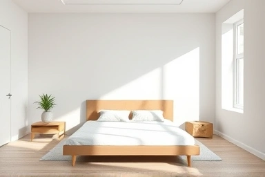 Spacious minimalist bedroom with a headboard-less bed frame.