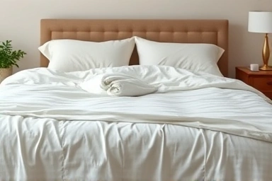 Cozy and luxurious bedding on a low-profile bed frame.