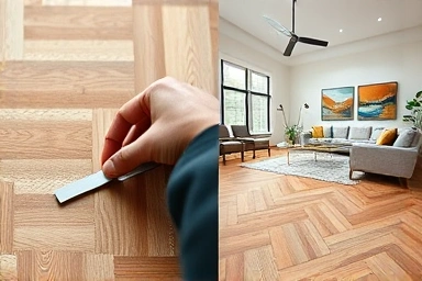 Craftsman cutting wood for herringbone floor and elegant living room