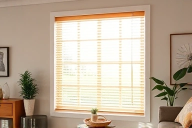 Modern living room with honeycomb shades, energy efficient window treatment