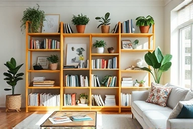 Organized IKEA BILLY bookshelf in a bright living room.