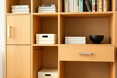 Customized IKEA BILLY bookshelf with accessories for storage.