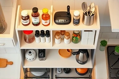 IKEA Lerberg shelf organized with kitchen items for efficient storage.