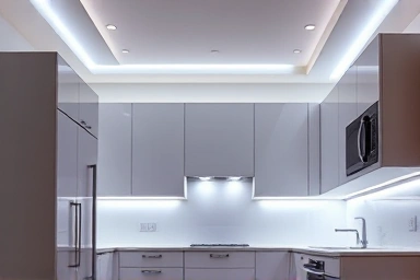 Modern kitchen with bright indirect LED lighting