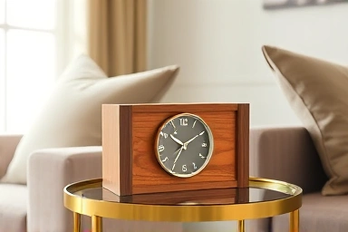 Elegant wooden desk clock in a minimalist living room.