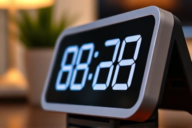 Modern metallic desk clock with LED display and warm lighting.