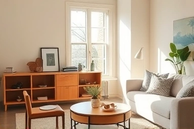 Cozy living room with curated decorative objects.