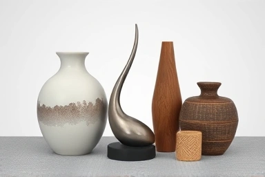 Close-up of diverse decorative objects arranged harmoniously.