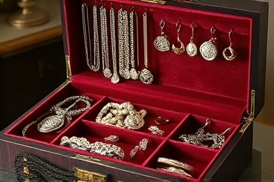 Elegant jewelry box filled with necklaces, earrings, and rings.