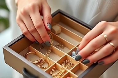 Woman organizing necklace in anti-tangle jewelry storage compartment.