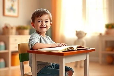 Child studying at perfectly adjusted ergonomic desk and chair