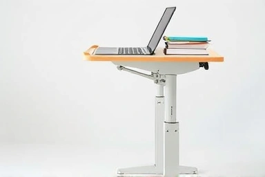 Close-up of adjustable desk mechanism and ergonomic posture