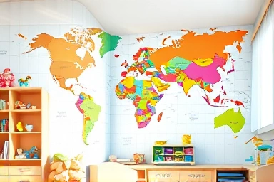 Child's bedroom with world map mural, inspiring learning space