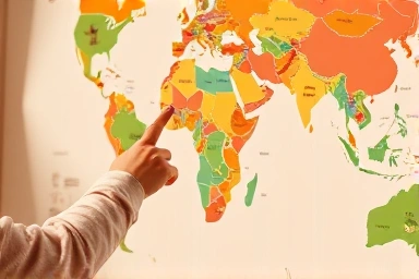 Close-up of child's world map with landmarks and hand pointing