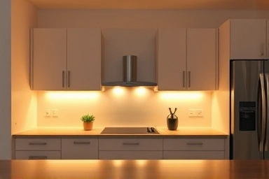 Warm kitchen indirect lighting under cabinets