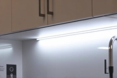 Close-up of kitchen cabinet LED strip light diffuser