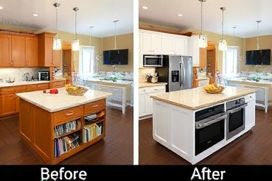 Kitchen island before and after transformation, space-saving solution.