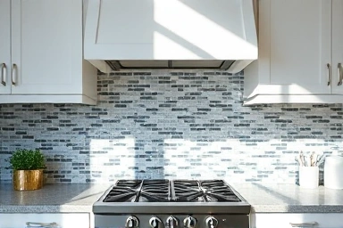Modern kitchen with a beautiful blue and gray mosaic tile backsplash.