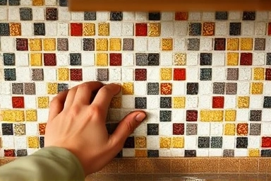 Close-up of hands installing intricate kitchen mosaic tiles.
