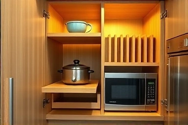 Smart kitchen cabinet for rice cooker and microwave