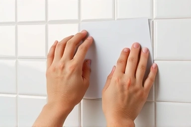 Hands applying kitchen tile sticker precisely