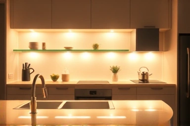Modern kitchen with bright under-cabinet lighting