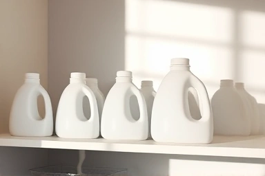 Organized laundry room with sleek detergent containers.
