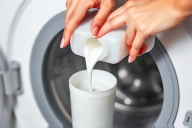 Hands pouring detergent from a clear dispenser.