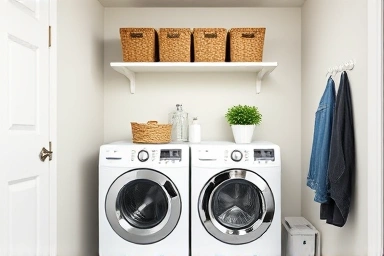Organized modern laundry room with shelves maximizing space.
