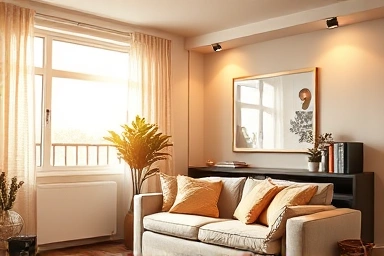 Cozy living room with efficient LED lighting and natural sunlight.