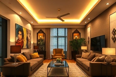 Cozy living room with sophisticated lighting design.