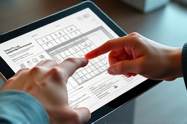 Interior designer reviewing a lighting plan on a tablet.