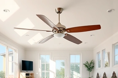 Modern living room with a functional ceiling fan.
