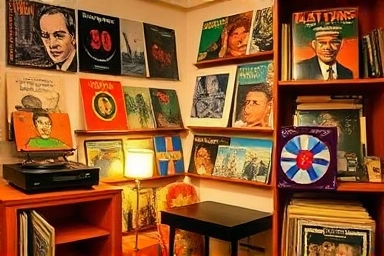 Living room decorated with vintage LP album covers as wall art.