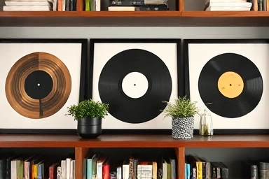 Close-up of framed LP album covers on a bookshelf with decor.