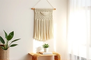 Cozy living room with handmade macrame wall hanging.