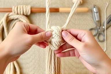 Hands tying macrame knots with cotton yarn, DIY materials.