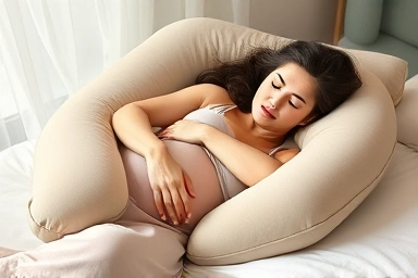 Pregnant woman sleeping soundly with U-shaped body pillow