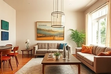 Mid-century modern living room with statement pendant light