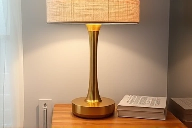 Close-up of vintage mid-century table lamp and side table