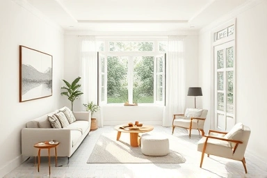 Serene minimalist living room, airy and uncluttered space