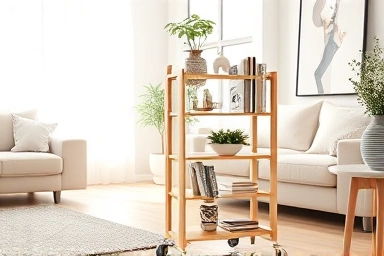 Modern living room with mobile trolley organizing books and decor.