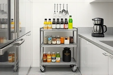 Organized kitchen with a metal mobile trolley for spice and utensil storage.