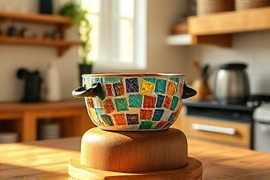 Handmade mosaic tile pot holder on a kitchen counter.