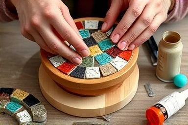 Hands crafting a mosaic tile pot holder with colorful tiles.
