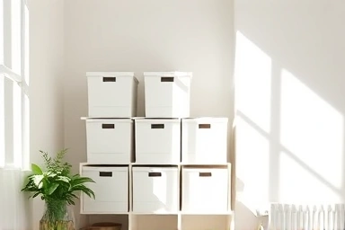 Minimalist Muji storage boxes in a bright living room
